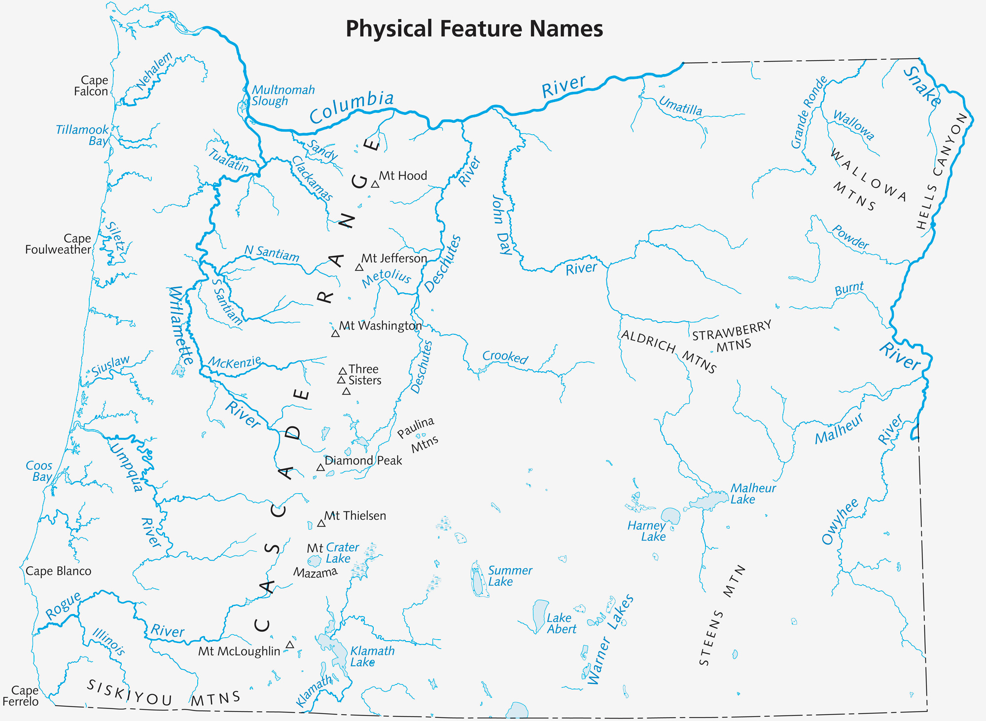 map of Oregon Physical features: rivers and mountains