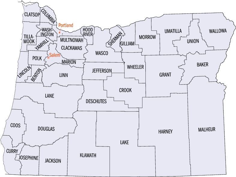 Map of counties in Oregon.
