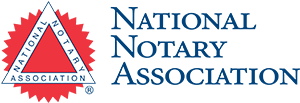 A logo featuring a red, white, and blue triangular emblem on the left. The triangle has the words National Notary Association written along its three sides. To the right of the triangle, the words National Notary Association appear again in large blue text.