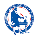 A circular blue emblem with a dotted red inner border. Inside the circle, a historical-style figure stands at a desk holding a quill pen over an ink bottle. The surrounding blue ring contains the text American Association of Notaries.