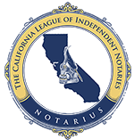 A circular emblem with a gold outer ring and navy blue background. The top of the ring contains the text The California League of Independent Notaries. Inside the circle is a silhouette of the state of California with a detailed silver notary‑style seal illustration centered on the state shape.