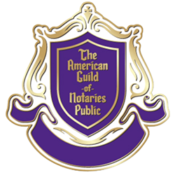 A decorative gold and purple emblem featuring an ornate shield at the center. The shield has a purple background with gold text that reads The American Guild of Notaries Public.