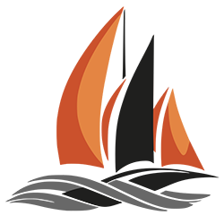 Logo for Waterlot Notary is a stylized logo featuring an abstract sailboat shape with two curved orange sails and a black mast, with a subtle gray shadow beneath.