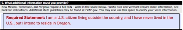 Form section showing a required statement field with text indicating the voter is a U.S. citizen living outside the country who has never lived in the U.S. but intends to reside in Oregon.