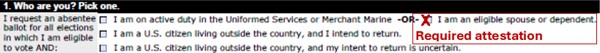 Form section with checkboxes; the option ‘I am an eligible spouse or dependent’ is marked with a red X and labeled ‘Required attestation'.