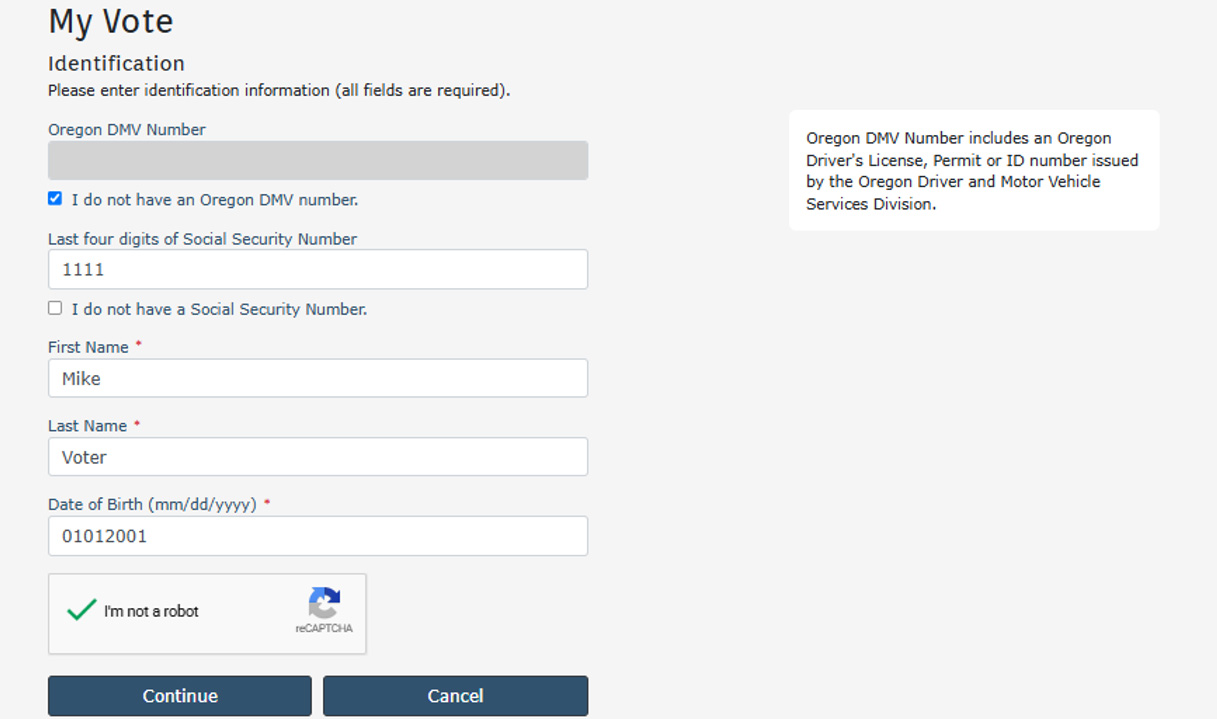A webpage titled My Vote displays an identification form. The form includes fields for an Oregon DMV number, a checkbox indicating the user does not have an Oregon DMV number, a field for the last four digits of a Social Security number, fields for first name and last name, and a date of birth field. A tooltip box on the right explains what qualifies as an Oregon DMV number.