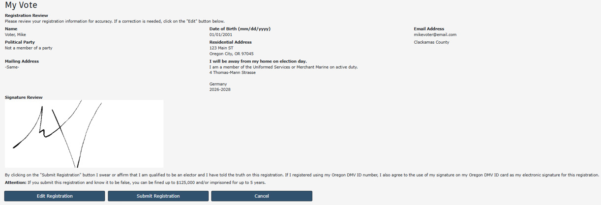 A My Vote registration review page showing voter details, an electronic signature box with a drawn signature, and buttons for Edit Registration, Submit Registration, and Cancel.